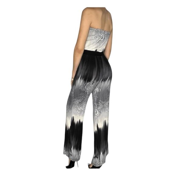 Monteau Strapless Off The Shoulder Jumpsuit Black White Tie Dye Paisley Print S - Picture 2 of 8